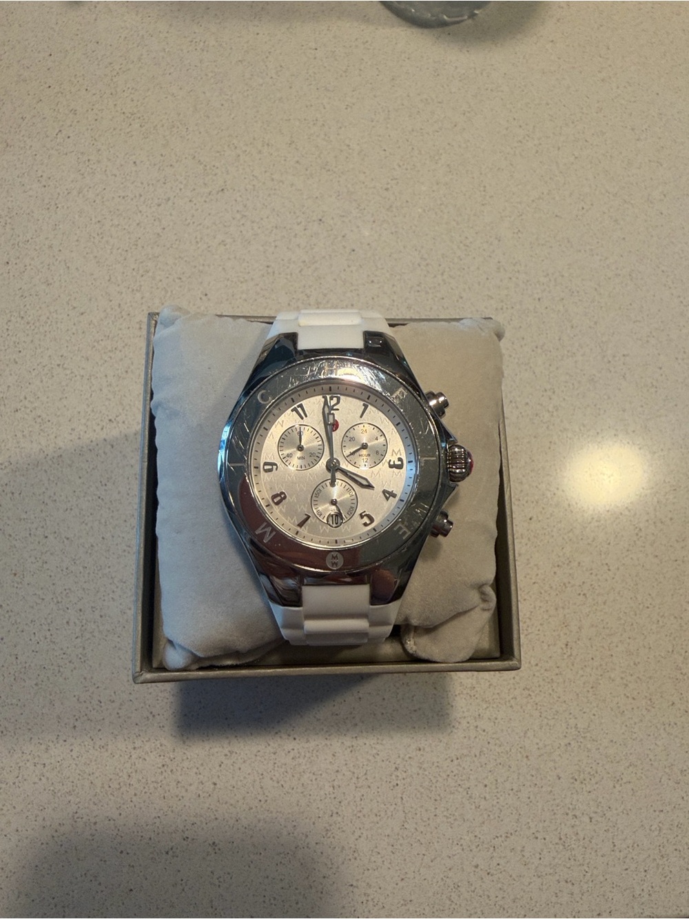 Michele White and Silver Ceramic Chronograph Watch